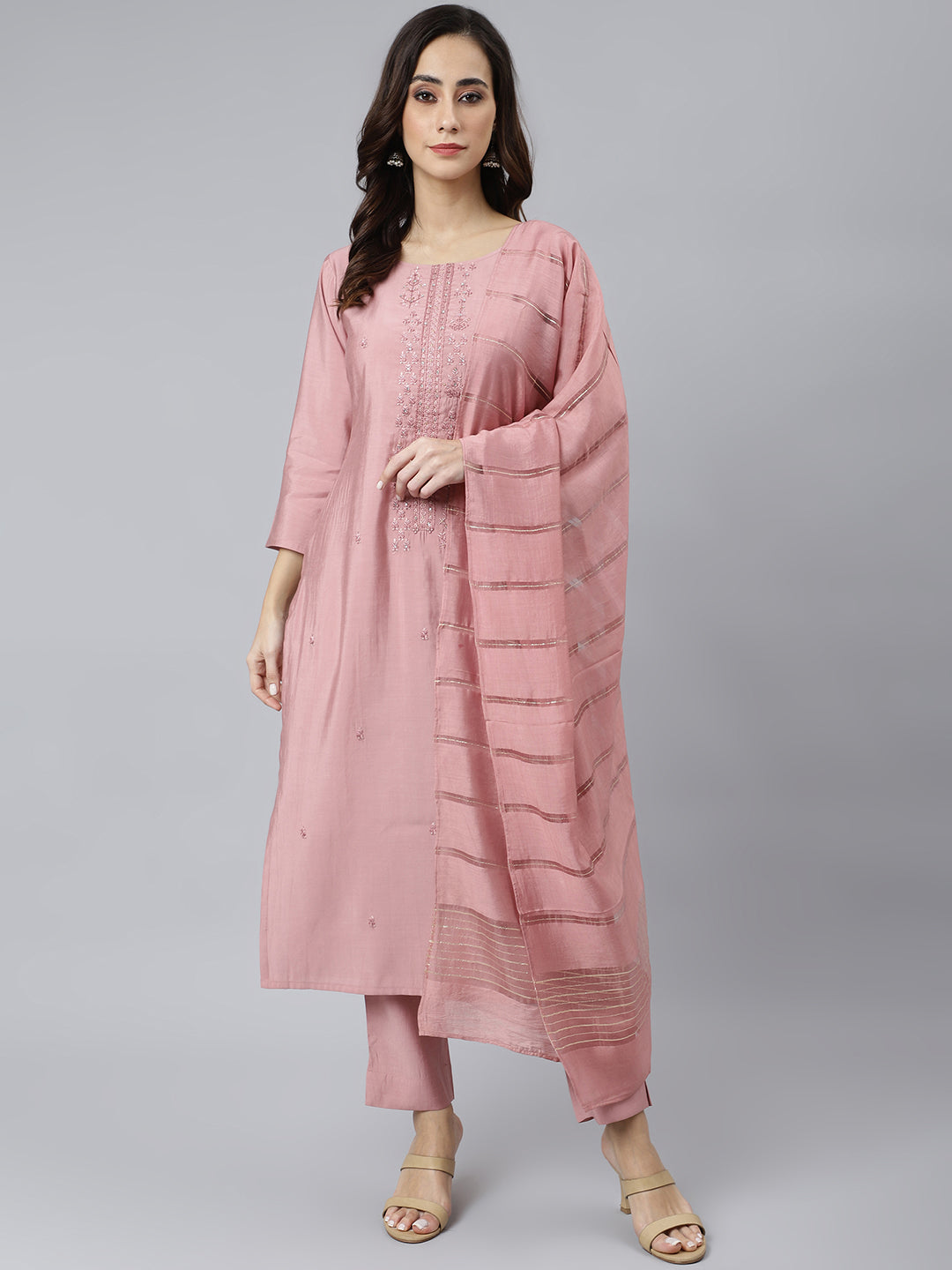 Janasya Women's Light Pink Poly Silk Embroidered Kurta With Pant And Dupatta | Swadesiicart