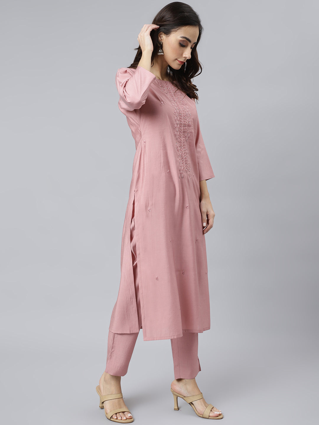 Janasya Women's Light Pink Poly Silk Embroidered Kurta With Pant And Dupatta | Swadesiicart