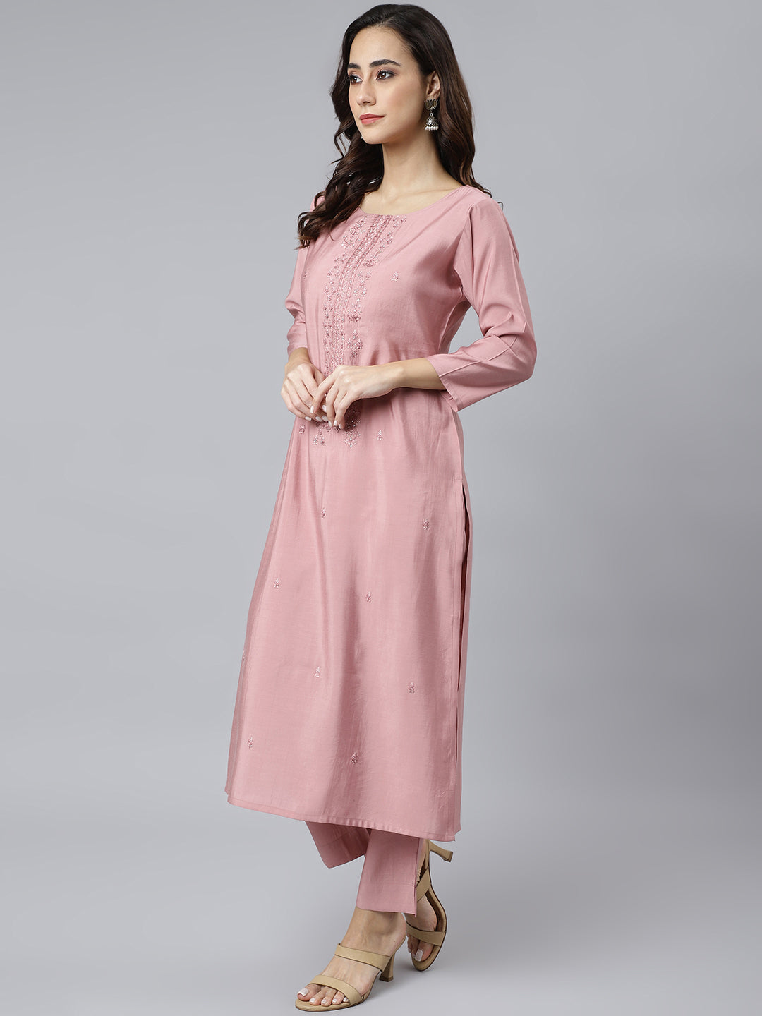 Janasya Women's Light Pink Poly Silk Embroidered Kurta With Pant And Dupatta | Swadesiicart