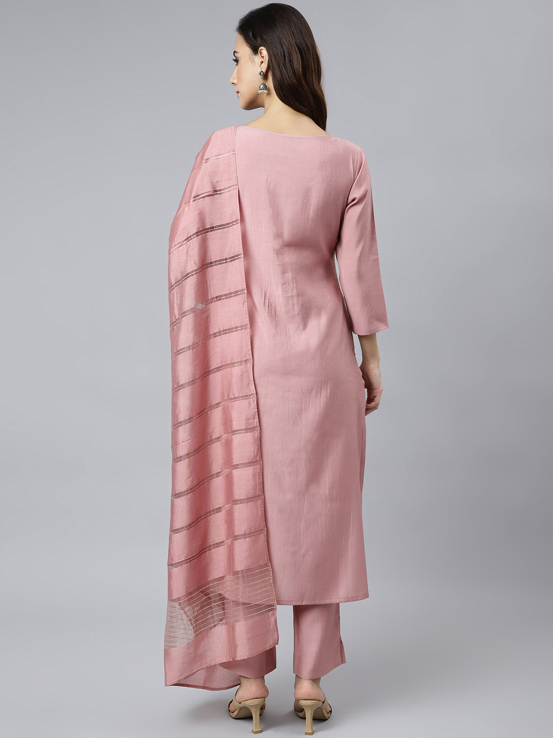 Janasya Women's Light Pink Poly Silk Embroidered Kurta With Pant And Dupatta | Swadesiicart