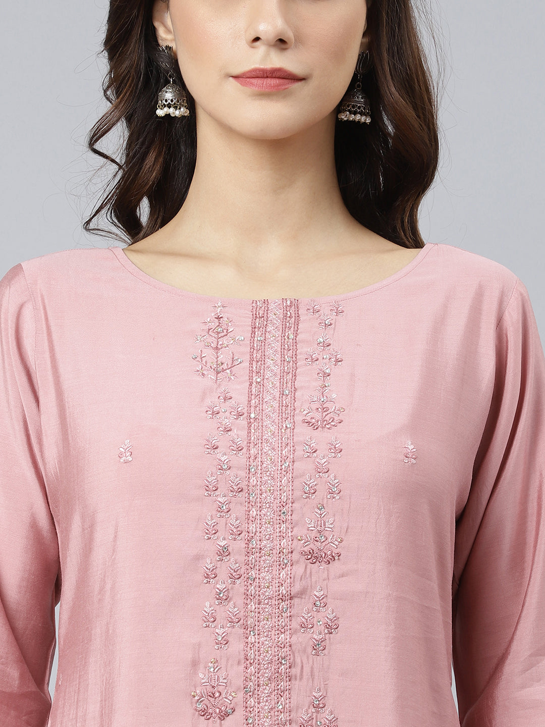 Janasya Women's Light Pink Poly Silk Embroidered Kurta With Pant And Dupatta | Swadesiicart