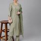 Janasya Women's Sage Green Viscose Blend Embroidered Kurta With Pant And Dupatta | Swadesiicart