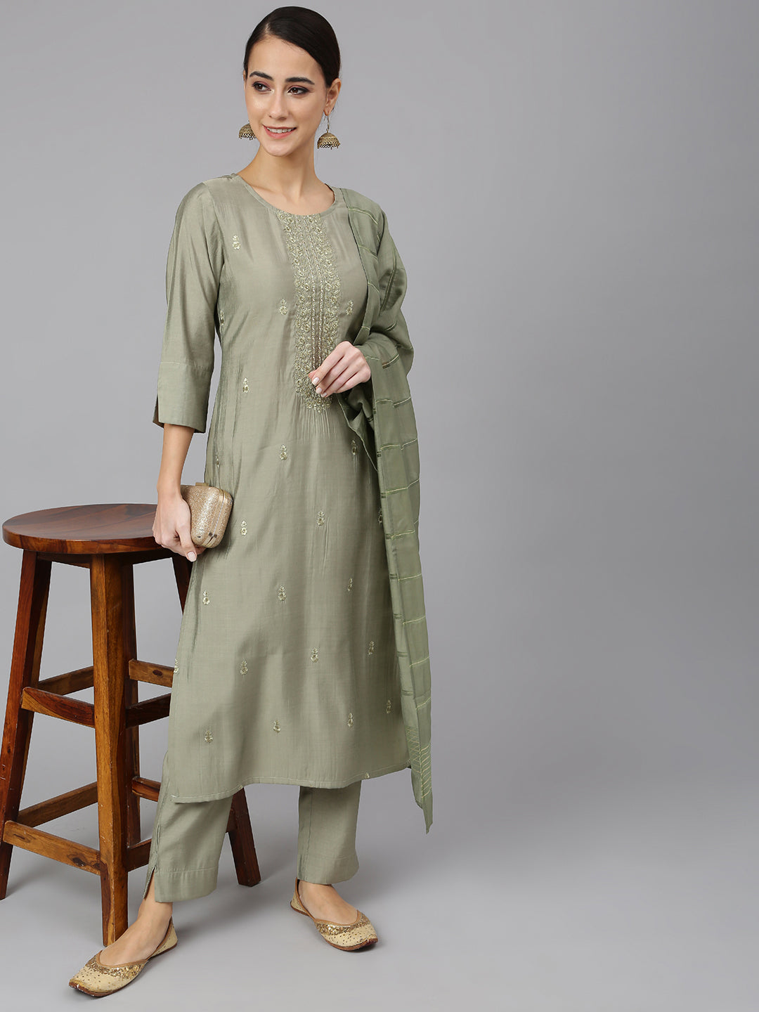 Janasya Women's Sage Green Viscose Blend Embroidered Kurta With Pant And Dupatta | Swadesiicart