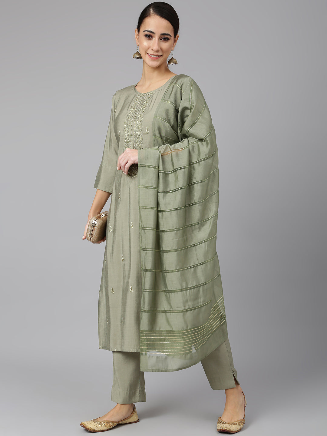 Janasya Women's Sage Green Viscose Blend Embroidered Kurta With Pant And Dupatta | Swadesiicart