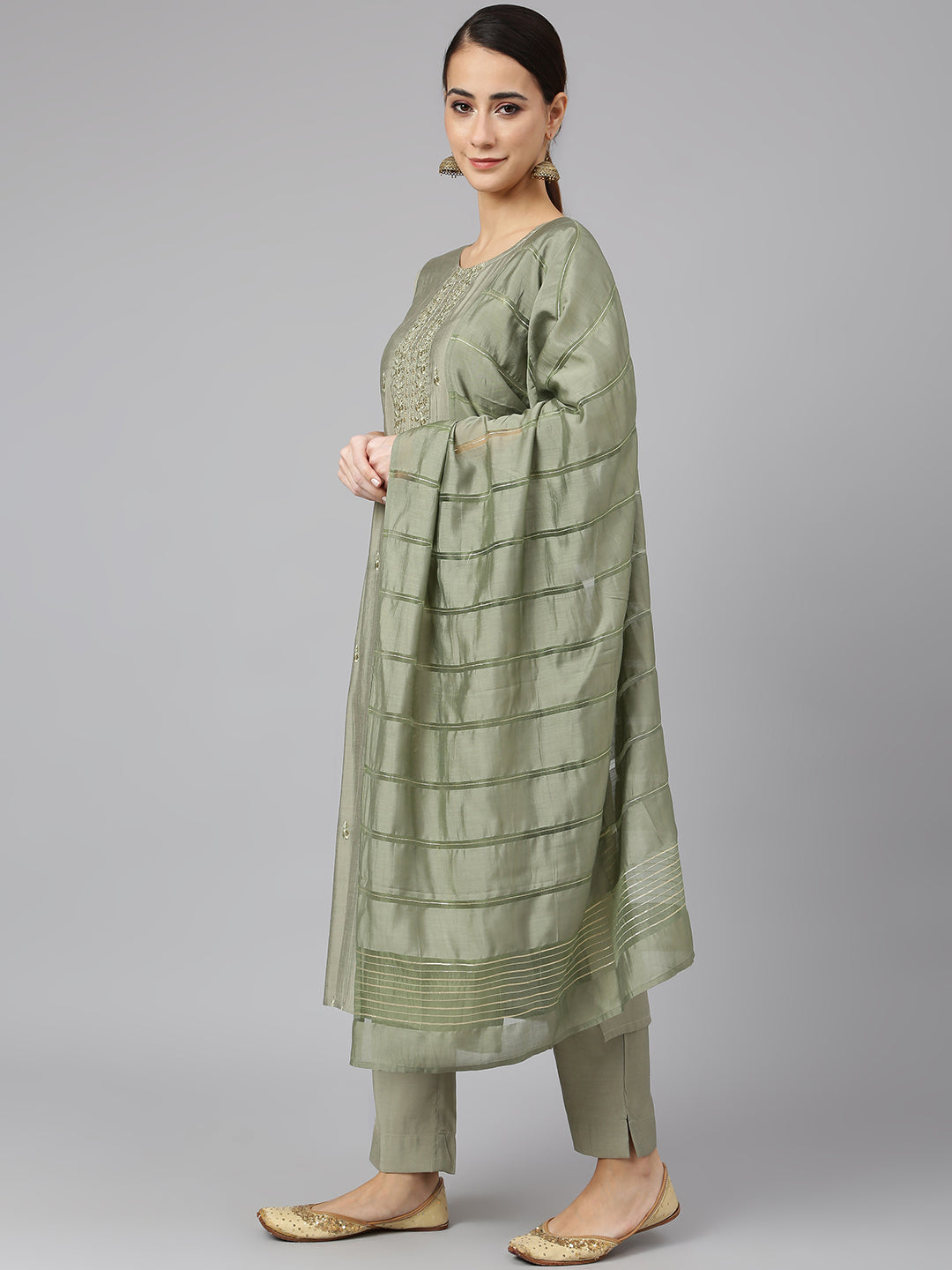 Janasya Women's Sage Green Viscose Blend Embroidered Kurta With Pant And Dupatta | Swadesiicart