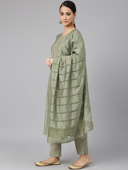 Janasya Women's Sage Green Viscose Blend Embroidered Kurta With Pant And Dupatta | Swadesiicart