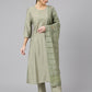Janasya Women's Sage Green Viscose Blend Embroidered Kurta With Pant And Dupatta | Swadesiicart