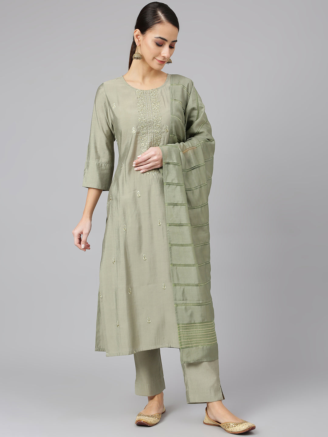 Janasya Women's Sage Green Viscose Blend Embroidered Kurta With Pant And Dupatta | Swadesiicart