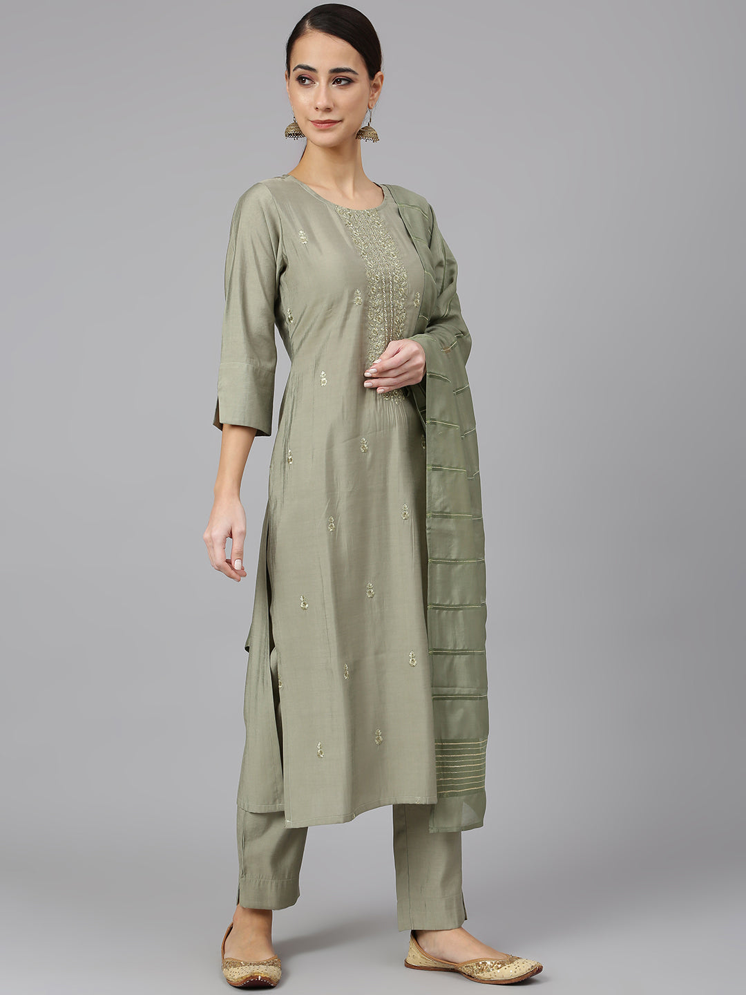 Janasya Women's Sage Green Viscose Blend Embroidered Kurta With Pant And Dupatta | Swadesiicart