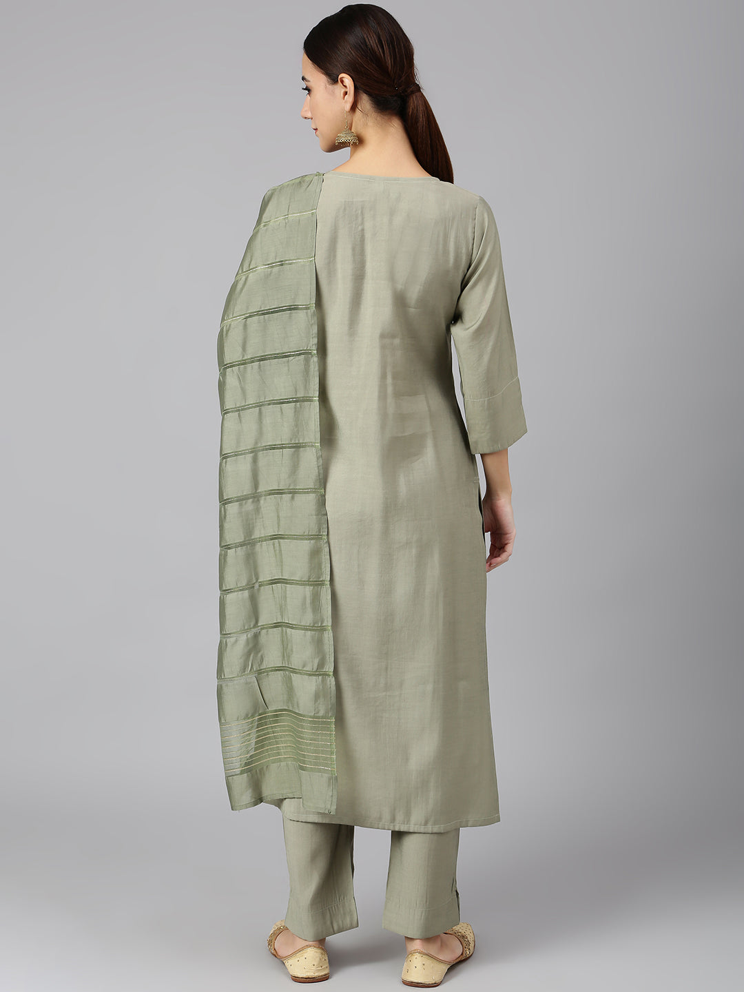 Janasya Women's Sage Green Viscose Blend Embroidered Kurta With Pant And Dupatta | Swadesiicart