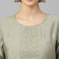 Janasya Women's Sage Green Viscose Blend Embroidered Kurta With Pant And Dupatta | Swadesiicart