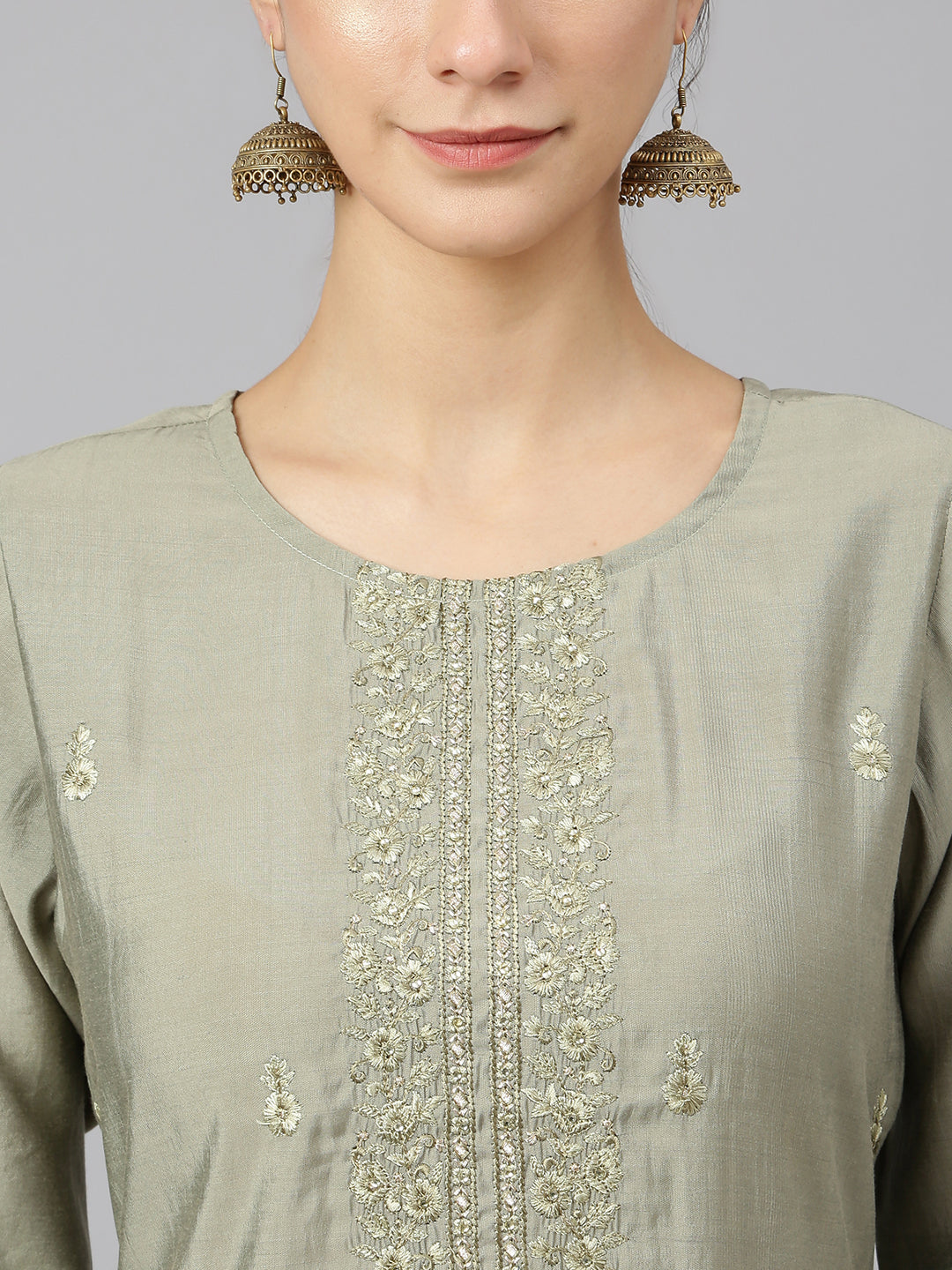 Janasya Women's Sage Green Viscose Blend Embroidered Kurta With Pant And Dupatta | Swadesiicart