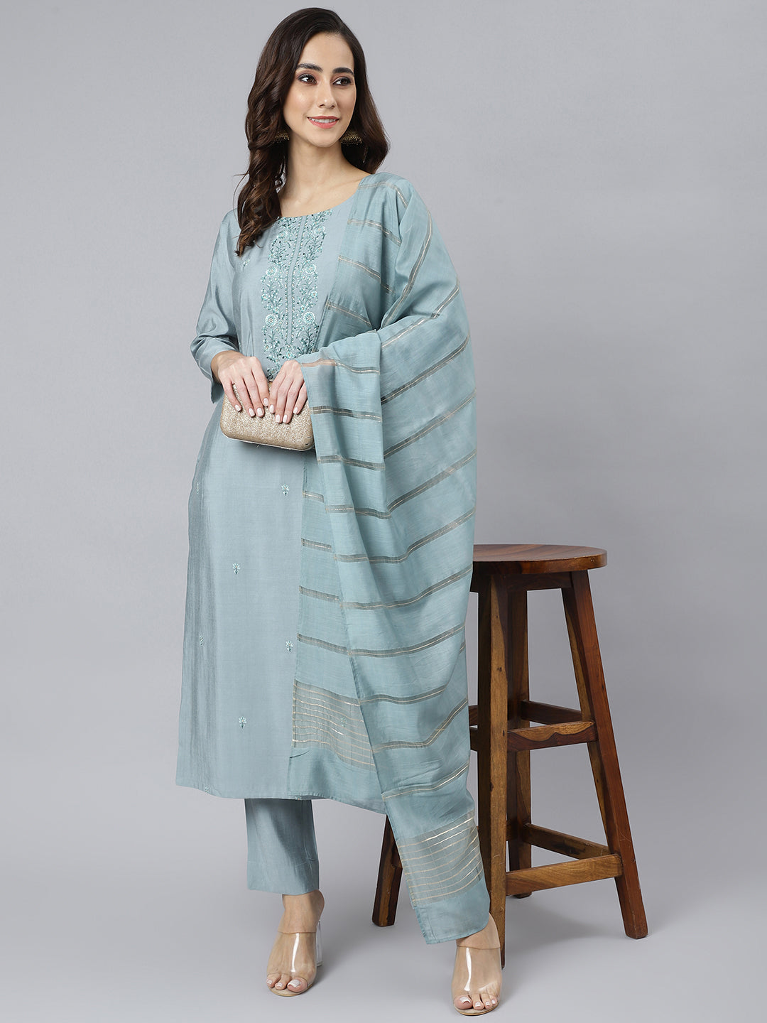 Janasya Women's Dusty Blue Viscose Blend Embroidered Kurta With Pant | Swadesiicart