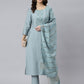 Janasya Women's Dusty Blue Viscose Blend Embroidered Kurta With Pant | Swadesiicart