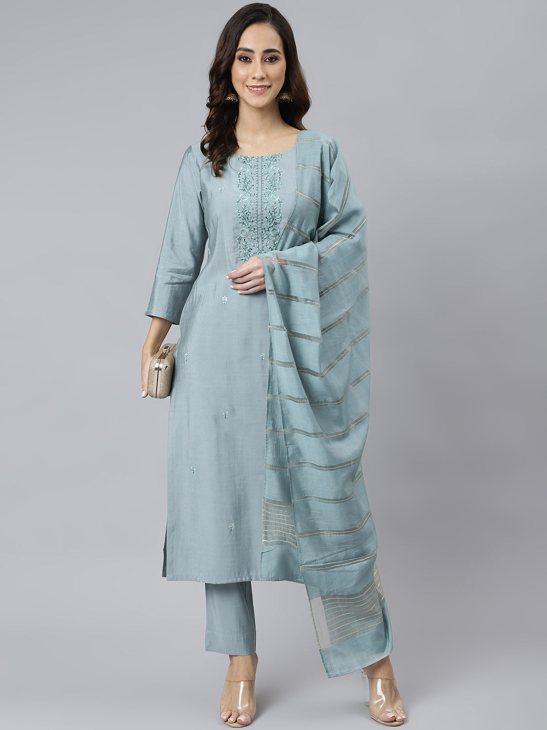 Janasya Women's Dusty Blue Viscose Blend Embroidered Kurta With Pant | Swadesiicart