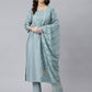 Janasya Women's Dusty Blue Viscose Blend Embroidered Kurta With Pant | Swadesiicart