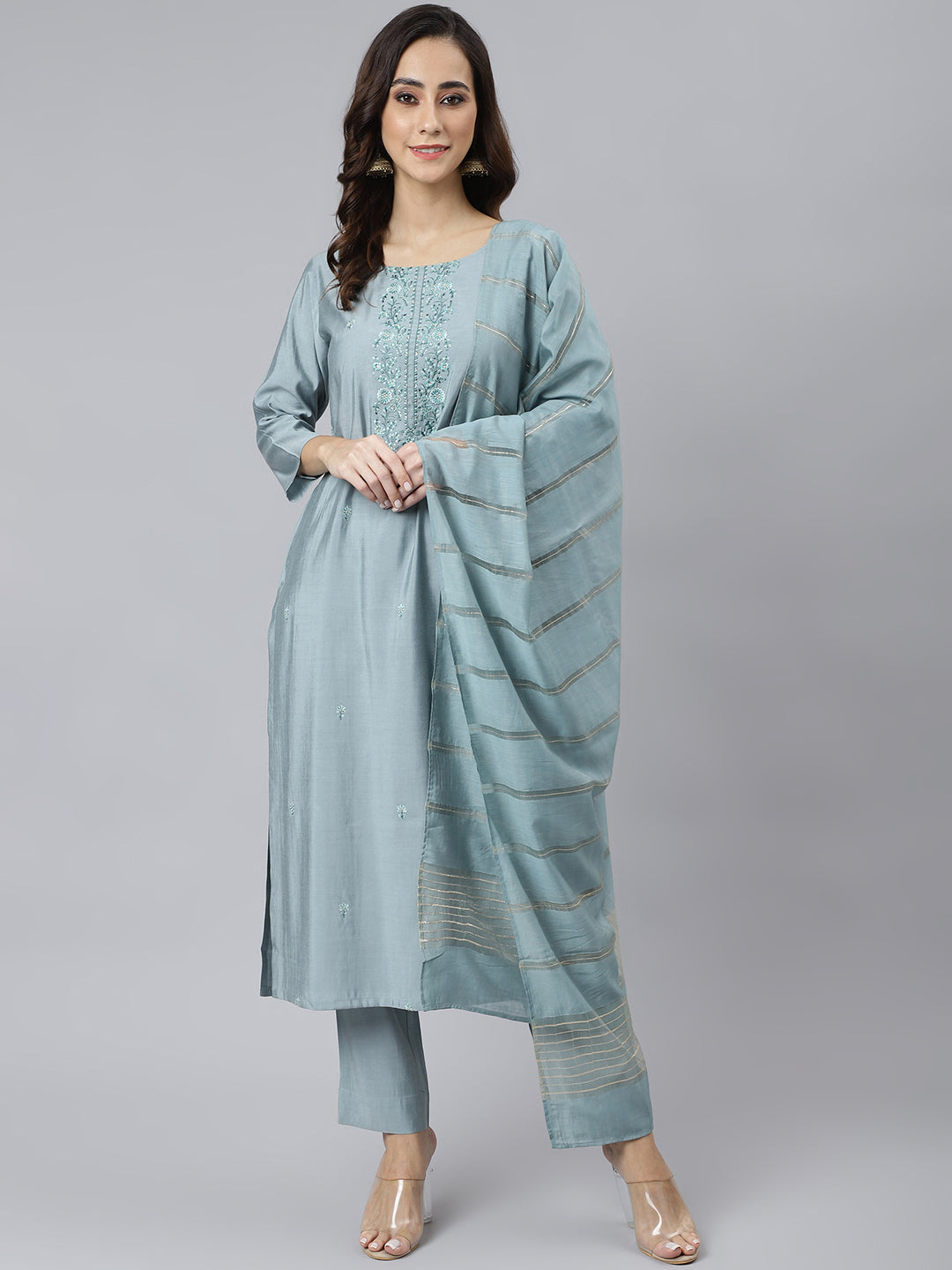 Janasya Women's Dusty Blue Viscose Blend Embroidered Kurta With Pant | Swadesiicart