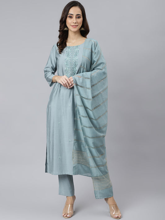 Janasya Women's Dusty Blue Viscose Blend Embroidered Kurta With Pant | Swadesiicart