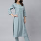 Janasya Women's Dusty Blue Viscose Blend Embroidered Kurta With Pant | Swadesiicart