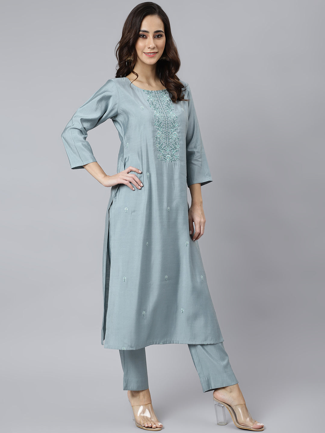 Janasya Women's Dusty Blue Viscose Blend Embroidered Kurta With Pant | Swadesiicart