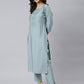 Janasya Women's Dusty Blue Viscose Blend Embroidered Kurta With Pant | Swadesiicart
