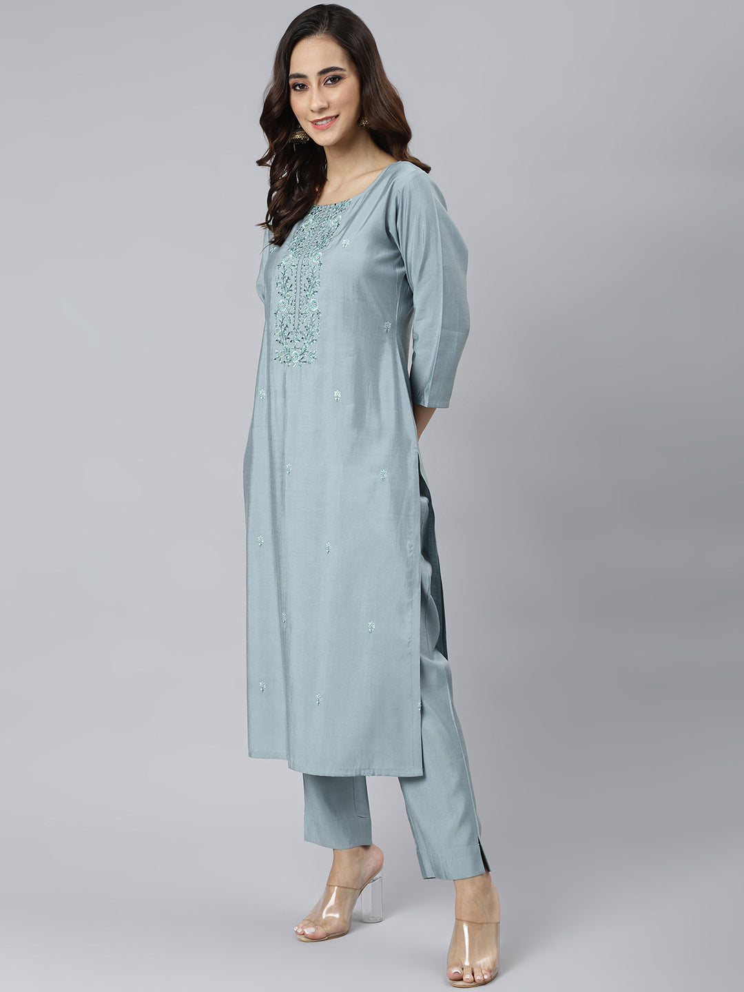 Janasya Women's Dusty Blue Viscose Blend Embroidered Kurta With Pant | Swadesiicart