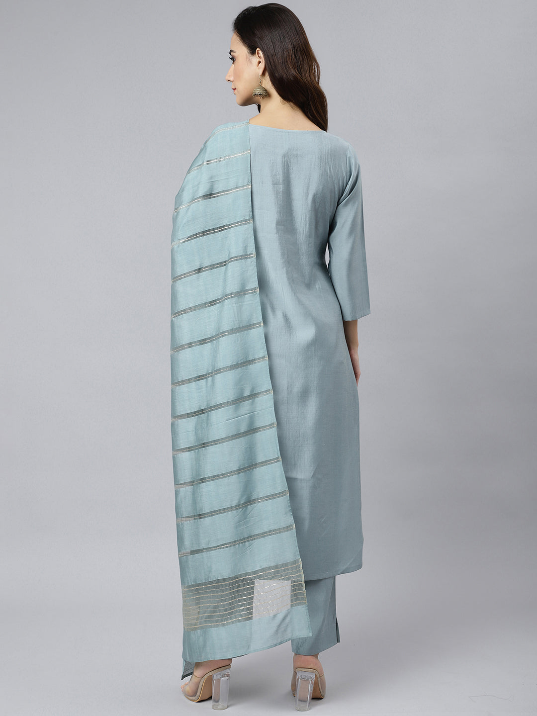 Janasya Women's Dusty Blue Viscose Blend Embroidered Kurta With Pant | Swadesiicart