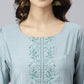 Janasya Women's Dusty Blue Viscose Blend Embroidered Kurta With Pant | Swadesiicart