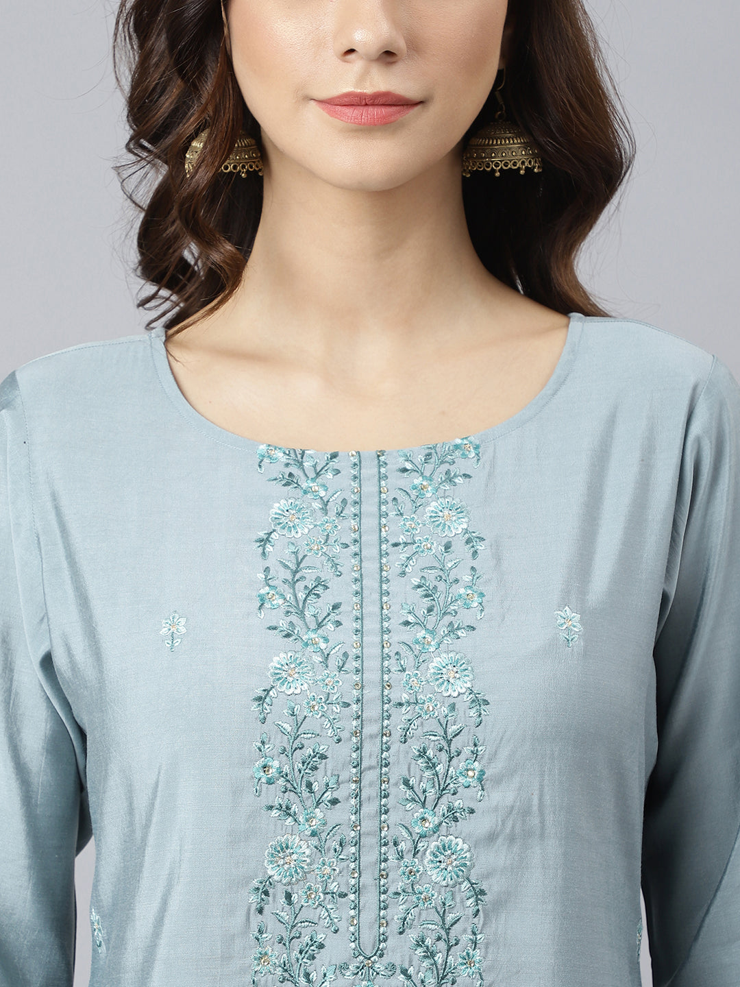Janasya Women's Dusty Blue Viscose Blend Embroidered Kurta With Pant | Swadesiicart