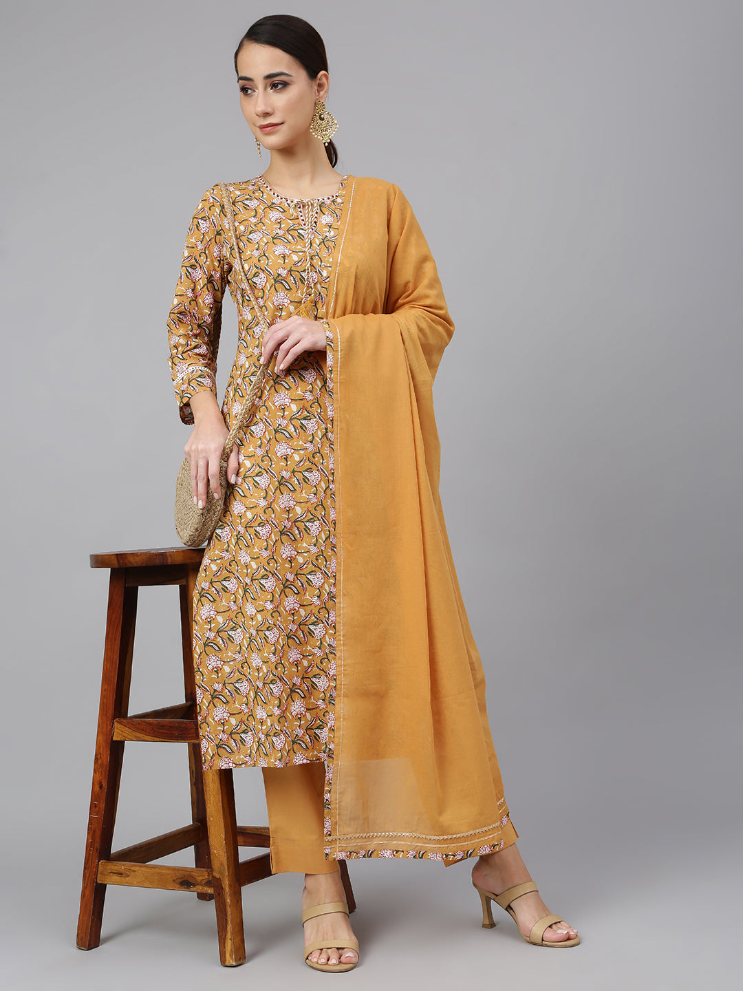Janasya Women's Light Brown Cotton Floral Print Kurta With Pant And Dupatta | Swadesiicart