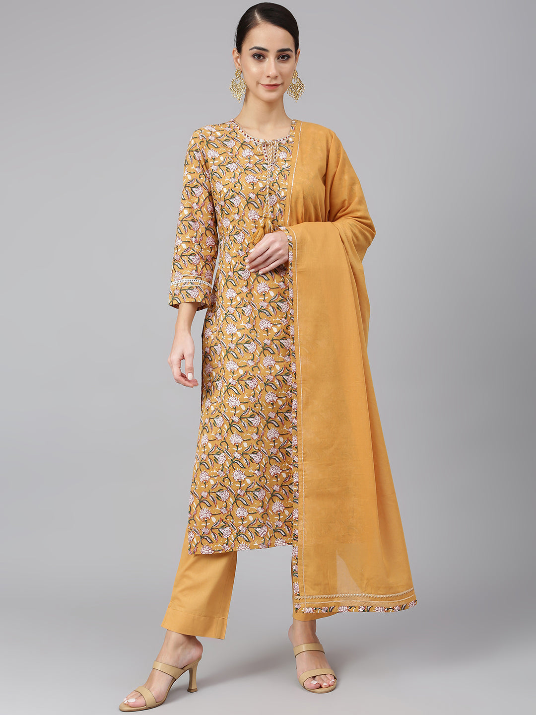 Janasya Women's Light Brown Cotton Floral Print Kurta With Pant And Dupatta | Swadesiicart