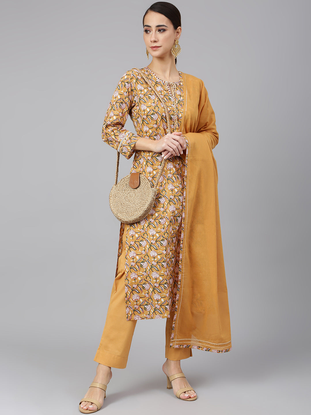 Janasya Women's Light Brown Cotton Floral Print Kurta With Pant And Dupatta | Swadesiicart