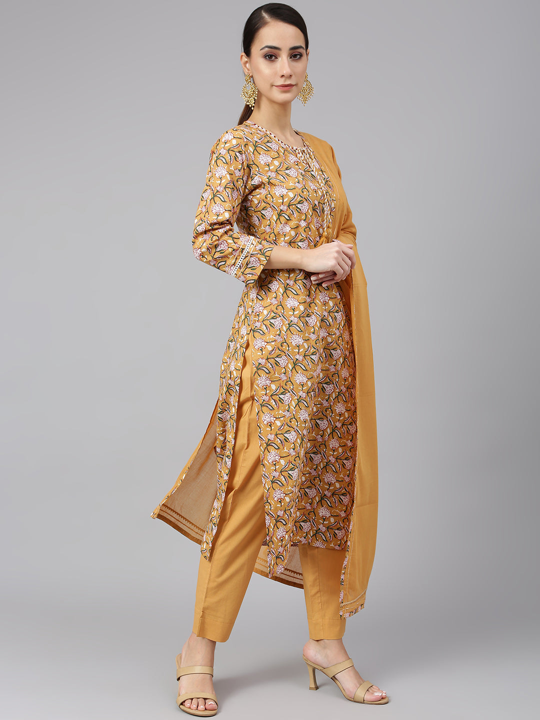 Janasya Women's Light Brown Cotton Floral Print Kurta With Pant And Dupatta | Swadesiicart