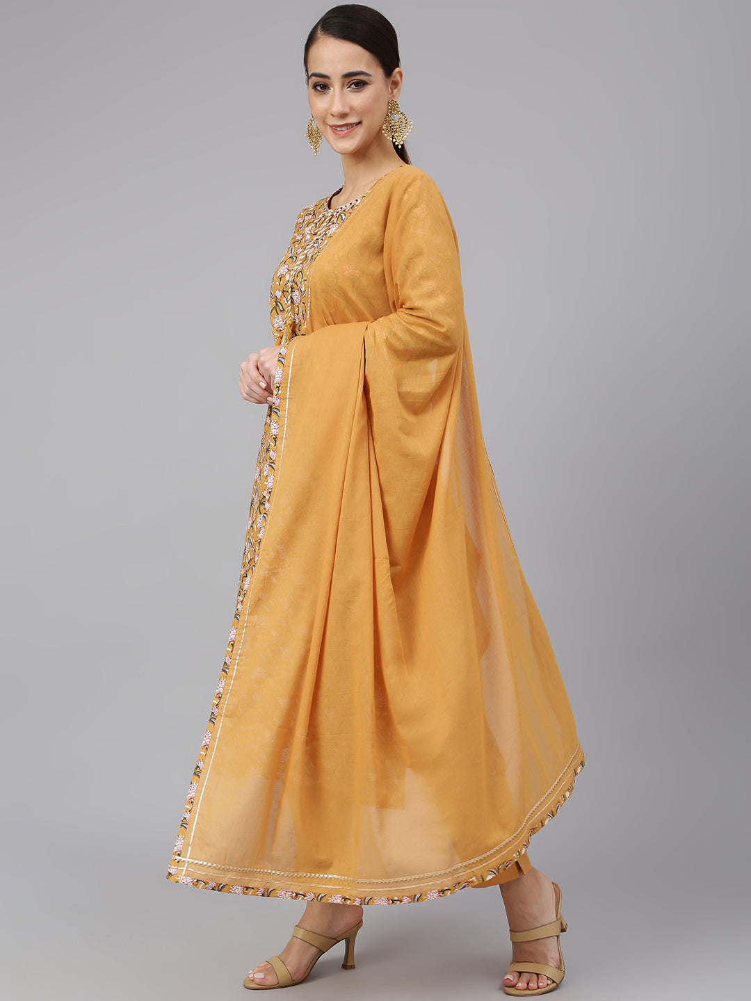 Janasya Women's Light Brown Cotton Floral Print Kurta With Pant And Dupatta | Swadesiicart
