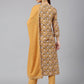 Janasya Women's Light Brown Cotton Floral Print Kurta With Pant And Dupatta | Swadesiicart