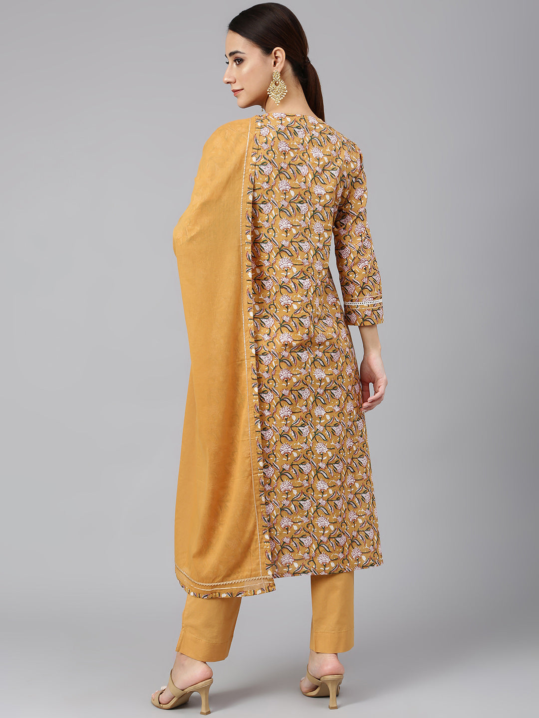 Janasya Women's Light Brown Cotton Floral Print Kurta With Pant And Dupatta | Swadesiicart
