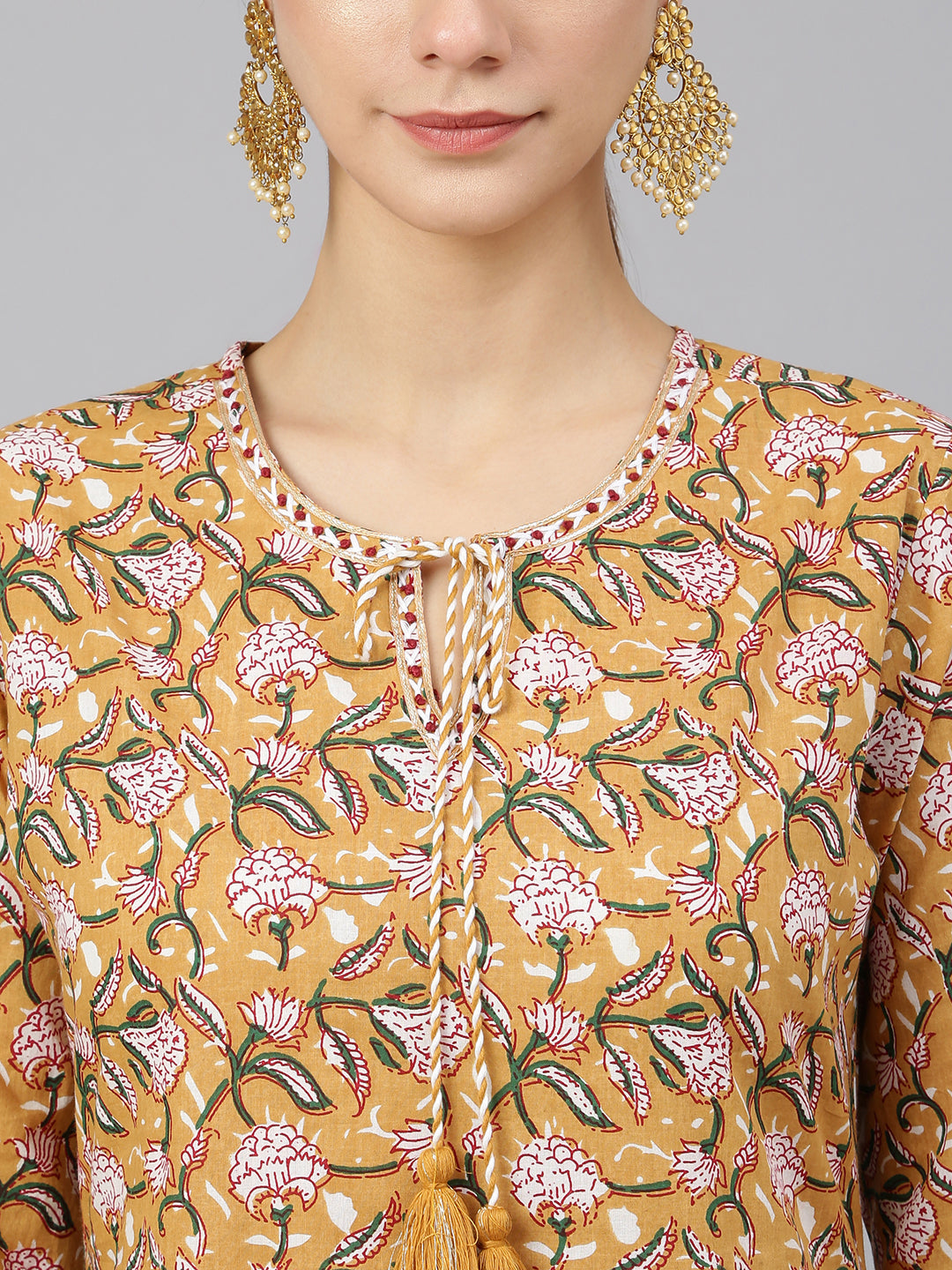 Janasya Women's Light Brown Cotton Floral Print Kurta With Pant And Dupatta | Swadesiicart