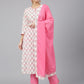 Janasya Women's Off White Cotton Floral Print Kurta With Pant And Dupatta | Swadesiicart