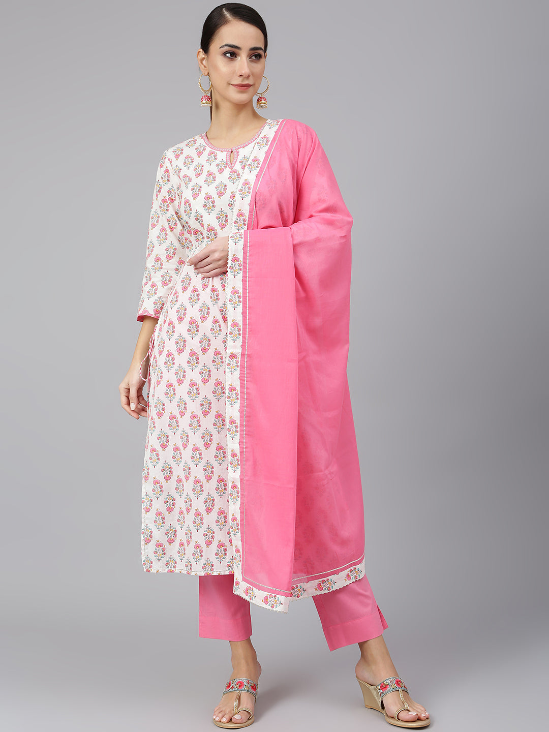 Janasya Women's Off White Cotton Floral Print Kurta With Pant And Dupatta | Swadesiicart