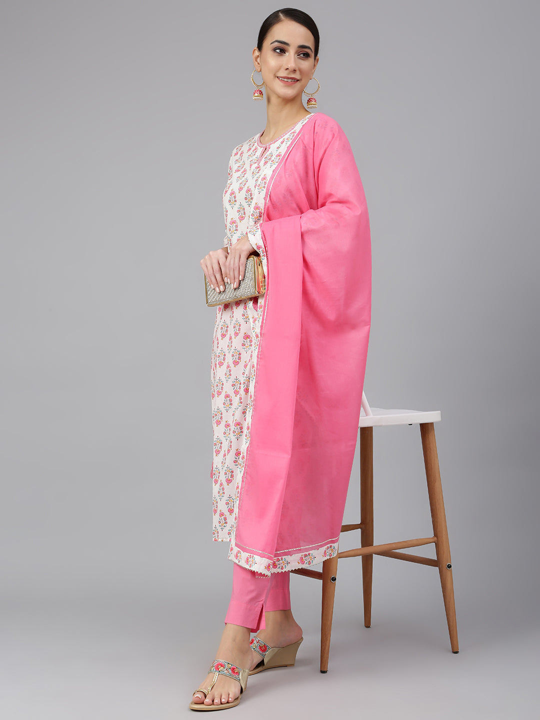 Janasya Women's Off White Cotton Floral Print Kurta With Pant And Dupatta | Swadesiicart