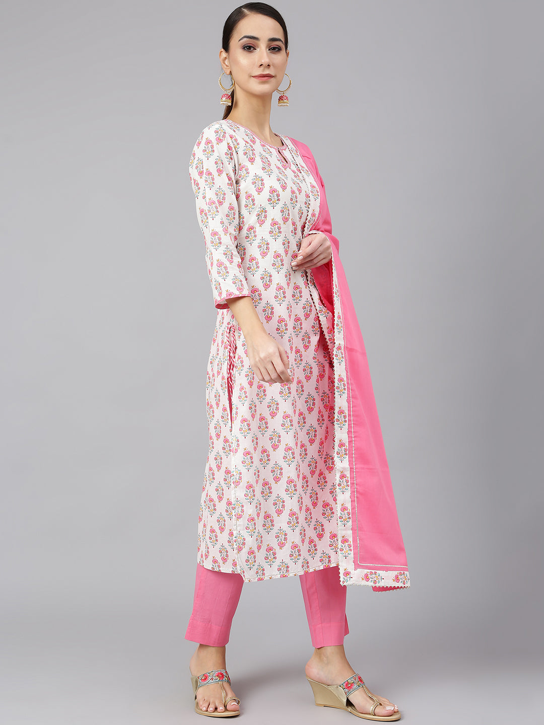 Janasya Women's Off White Cotton Floral Print Kurta With Pant And Dupatta | Swadesiicart