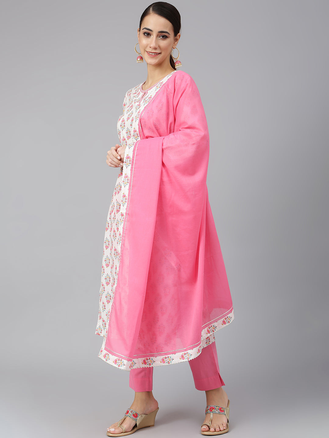 Janasya Women's Off White Cotton Floral Print Kurta With Pant And Dupatta | Swadesiicart