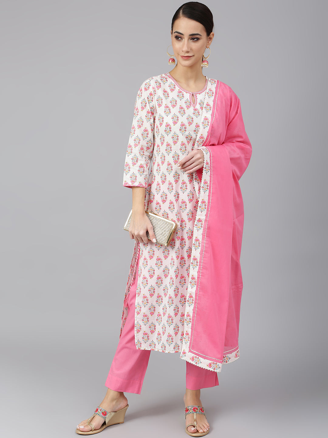 Janasya Women's Off White Cotton Floral Print Kurta With Pant And Dupatta | Swadesiicart
