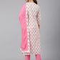 Janasya Women's Off White Cotton Floral Print Kurta With Pant And Dupatta | Swadesiicart
