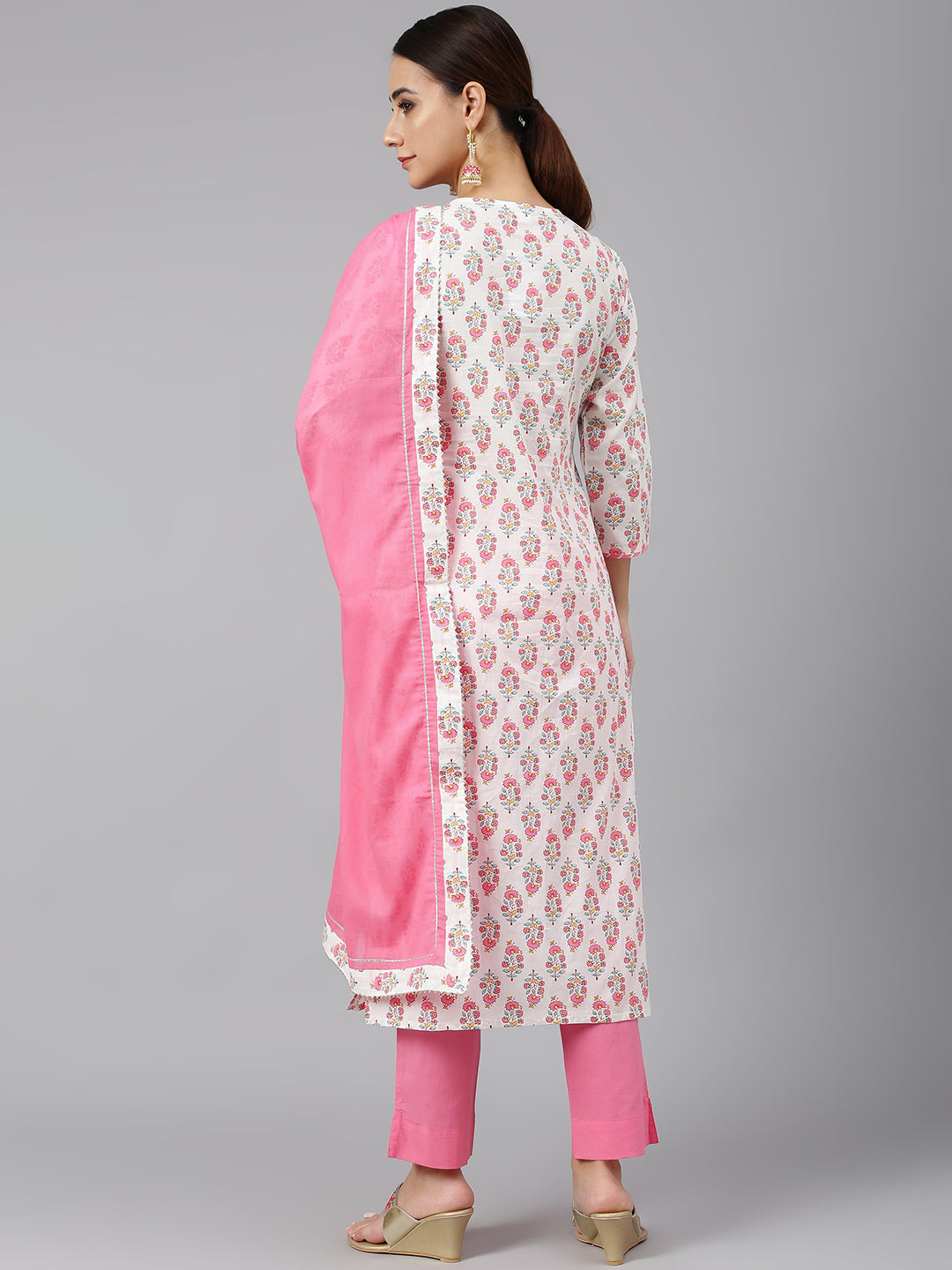 Janasya Women's Off White Cotton Floral Print Kurta With Pant And Dupatta | Swadesiicart