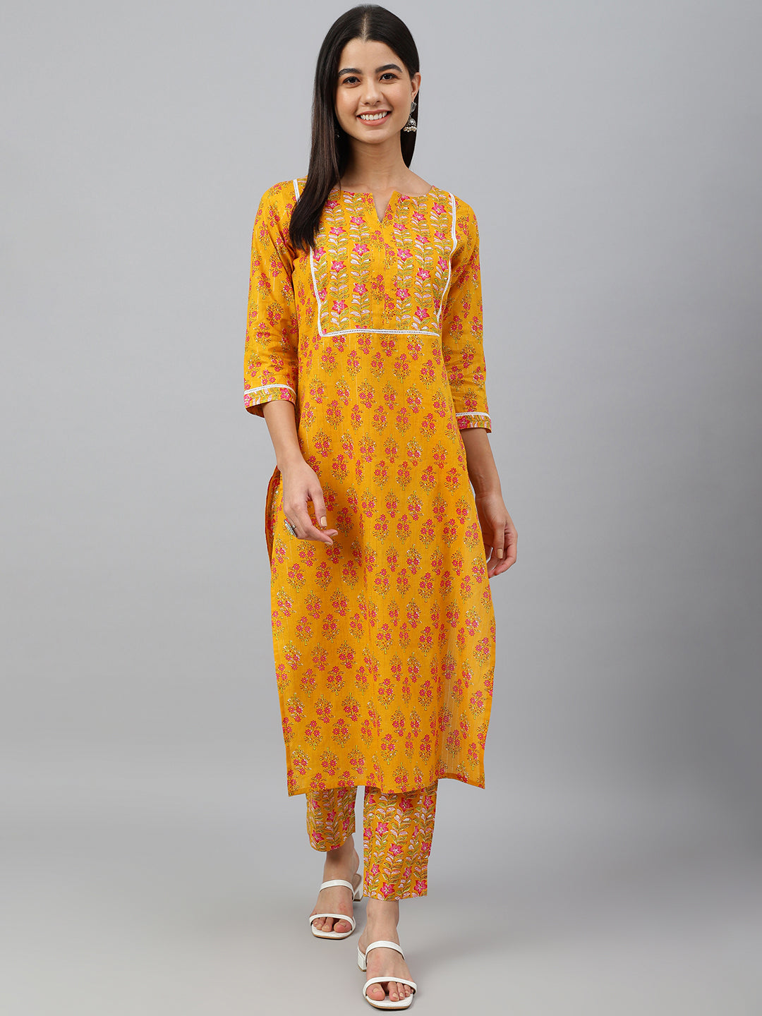 Janasya Women's Mustard Cotton Floral Print Kurta With Pant | Swadesiicart