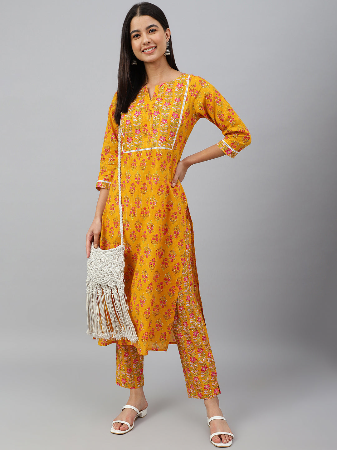 Janasya Women's Mustard Cotton Floral Print Kurta With Pant | Swadesiicart