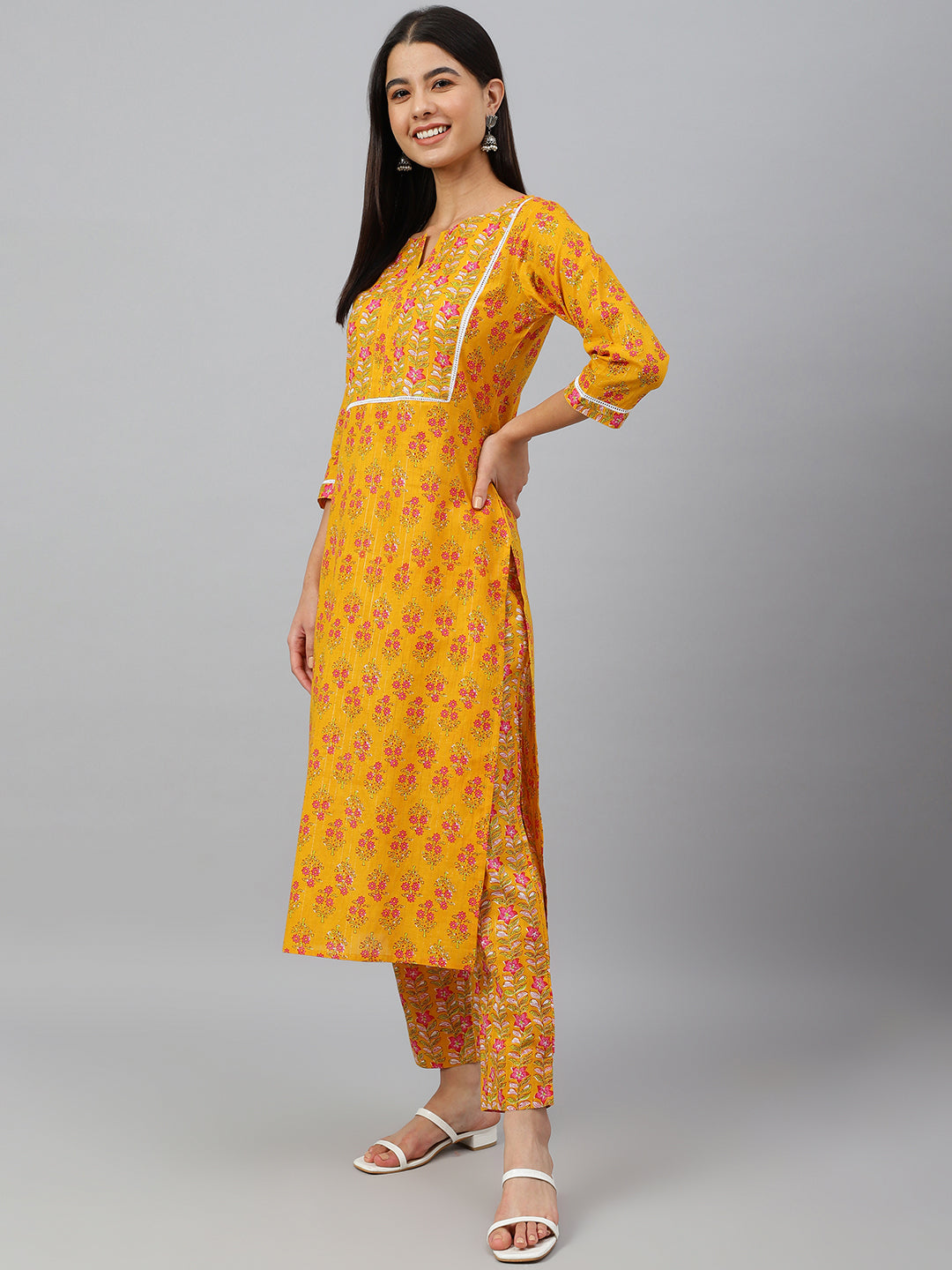 Janasya Women's Mustard Cotton Floral Print Kurta With Pant | Swadesiicart
