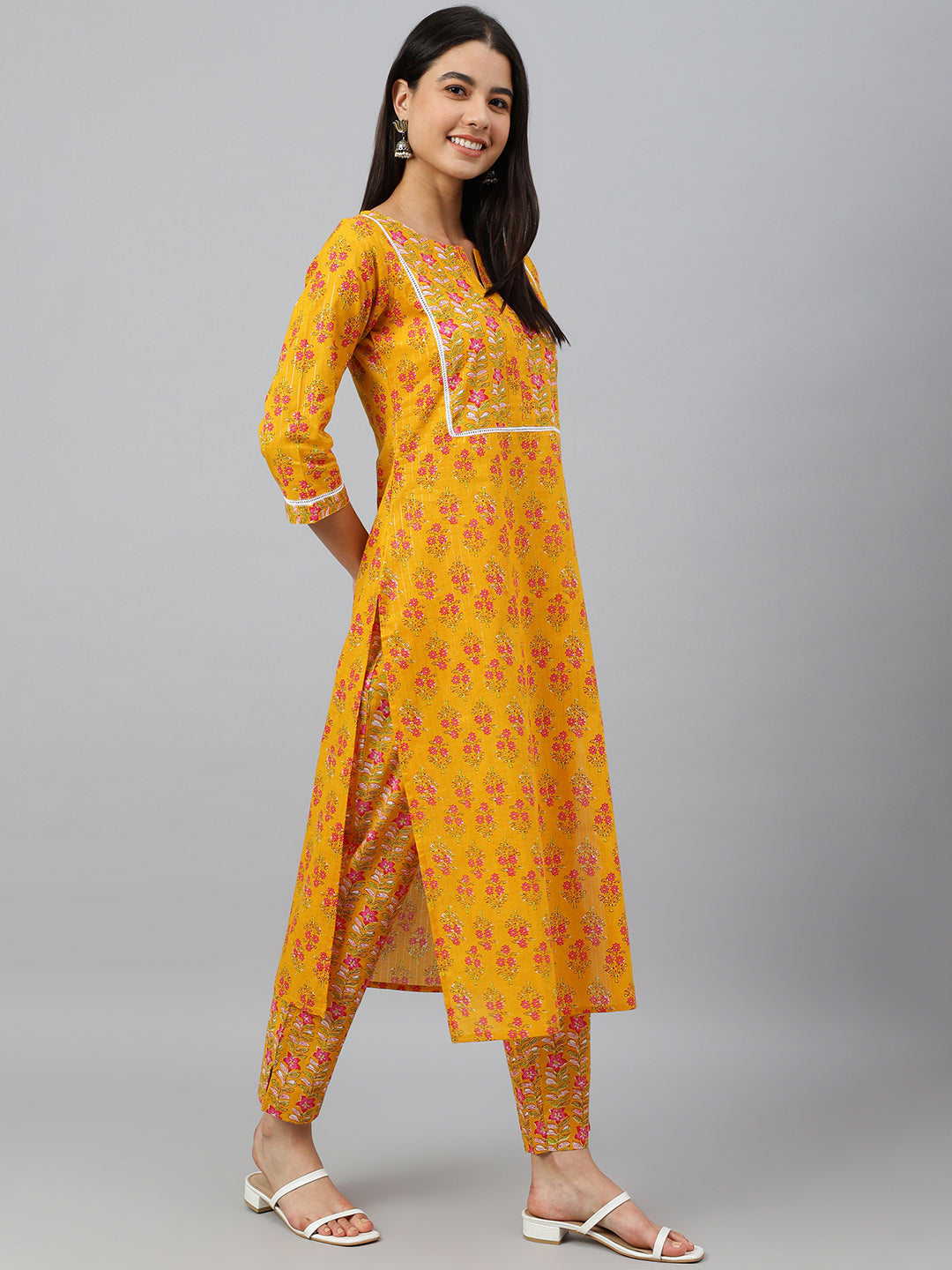 Janasya Women's Mustard Cotton Floral Print Kurta With Pant | Swadesiicart
