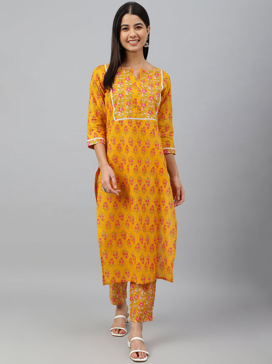 Janasya Women's Mustard Cotton Floral Print Kurta With Pant | Swadesiicart